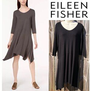Eileen Fisher Medium Jersey Handkerchief Shark Bite Hem Black 3/4 Sleeve Dress
